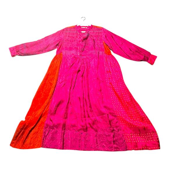 Injiri Shekhawati silk dress women’s medium ombré fuchsia patchwork hand-loomed - Picture 8 of 13